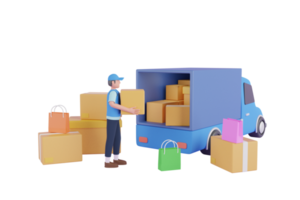 3d Courier service Delivery. Delivery man and boxes. Courier or delivery service. Men characters with parcels packages boxes.3d rendering png