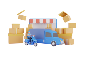 Entrega de remessa de transporte 3d por caminhão, scooter. serviço de entrega e caixa de papelão. ilustração de renderização 3D