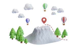 as montanhas são cercadas por pinheiros e nuvens em um fundo azul. renderização 3D. mochila turística com mapa e bússola png