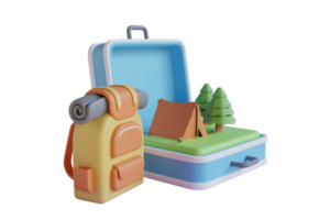Ilustração 3D de equipamentos para camping. conceito de viagens e camping. equipamento de acampamento. renderização 3D.