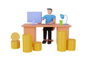 Ilustración 3d de ganar dinero en internet. ganar dinero con una computadora portátil equipada con personajes de dibujos animados. ilustración de renderizado 3d png
