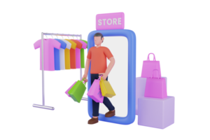 Shopping banner with location store, cart, gifts, market bags in 3d realistic style. Online shopping 3D Illustration png