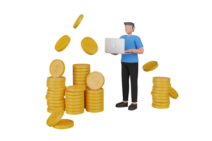 3d illustration of earning money from the internet. 3d rendering arrow growth up with coin stacks. 3D render concept of saving money. 3d rendering illustration png