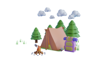 un' arancia tenda nel un' pino foresta circondato di nuvole. viaggio e campeggio concetto. 3d interpretazione png