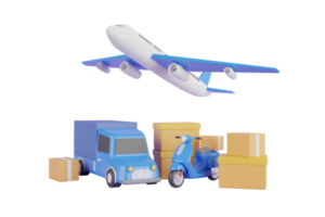 renderização 3D do serviço de entrega rápida por caminhão, scooter, avião. avião e caminhão com caixas de papelão. entrega de serviço de correio.