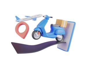 3d Delivery service and cardboard box with red location pin, global logistic. Airplane and truck with cardboard boxes. 3d rendering. png