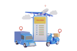 3D-Darstellung des schnellen Lieferservice per LKW, Roller, Flugzeug. 3D-Logistikanwendungsdienstkonzept. 3D-Rendering. png