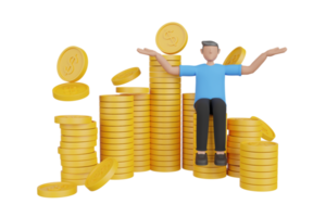 Ilustración 3D de los beneficios del ahorro. Concepto de representación 3D de icono de ahorro de dinero, gestión de dinero. billete de un dólar, moneda, gráfico circular, flecha, gráfico de fondo púrpura. renderizado 3d png