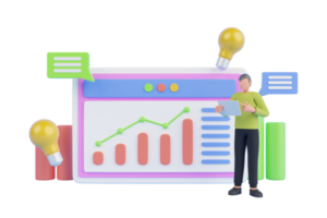 Online marketing, financial report chart, data analysis, and web development concept.Digital Screen 3D Illustration, Video player, gallery, development, seo analysis concept with floating elements. png