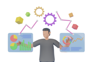 analyserar marknadsföra trender och planera seo optimering. affärsman ger presentation, styrelse med tillväxt analys, diagram, statistik och data.marknad analysator presenter analys. 3d tolkning png