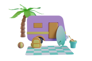 3d cartoon motorhome, acampamento de verão, viagens, viagens, atividades de caminhadas. renderização em 3D png