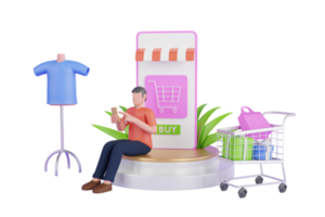 Smart phone is surrounded by parcels, shopping bags and alarm clocks on a blue background. Online shopping 3D Illustration. png