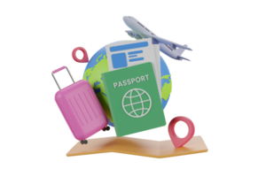 3D rendering globe pin map and suitcase with flight. Travel concept 3d illustration, Airplane flying over the map pin.3d rendering. png