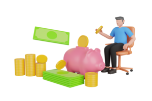 3d illustratie van besparing geld in varken besparingen. 3d renderen concept van geld besparing icoon, geld beheer. geld bank omhoog concept. bank storting en winst. 3d geven png