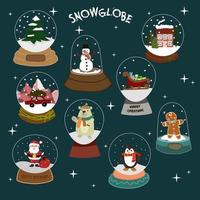 un conjunto de colección de bolas de cristal feliz navidad. santa claus, oso, muñeco de nieve, trineo con regalos, árbol de navidad, pingüino, coche con árbol de navidad, casa, pan de jengibre. ilustración vectorial vector