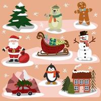Collection and set of elements Merry Christmas. Santa Claus, bear, snowman, sleigh with gifts, Christmas tree, penguin, car with Christmas tree, house, gingerbread. Vector illustration