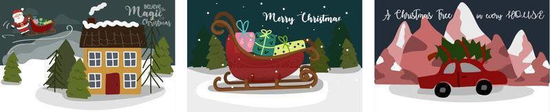 A set of cute Christmas cards. Postcards with Christmas motifs Santa Claus, bear, snowman, sleigh with gifts, Christmas tree, penguin, car with Christmas tree, house, gingerbread. Vector illustration