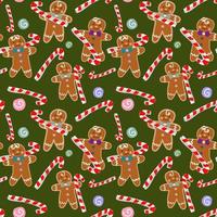 Christmas gingerbread seamless pattern. Ginger cookies on a green background dancing with lollipops. Vector illustration. Cute Christmas background for wallpaper, gift paper, pattern filling, textiles