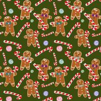 Christmas gingerbread seamless pattern. Ginger cookies on a green background dancing with lollipops. Vector illustration. Cute Christmas background for wallpaper, gift paper, pattern filling, textiles