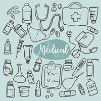 A set with medical equipment and preparations in the style of hand sketches. Contour drawing of medical instruments and medicinal products. For printing on packaging, textiles, banner, flyer, icon. vector