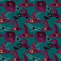 patrón sin costuras de sombreros de bruja con detalles. fondo azul para halloween. sombreros de bruja con telarañas, arañas, cuervos, gatos, luciérnagas. papel de envolver, telas de moda, estampados, patrones. vector