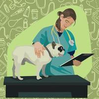 Veterinary design. A veterinarian with a dog. A dog at a vet's appointment. Examination by a veterinarian. Banner, print, flyer, postcard. Vector illustration. Sketch