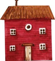 red wooden house in cartoon style, watercolor illustration vector