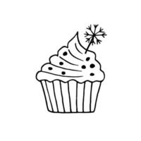 cupcake with a snowflake hand drawn in doodle style. sweet holiday dessert vector