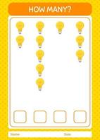 How many counting game with light bulb. worksheet for preschool kids, kids activity sheet vector