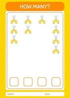 How many counting game with scissors. worksheet for preschool kids, kids activity sheet vector