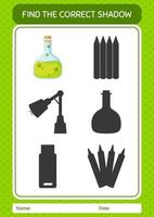 Find the correct shadows game with chemical bottle. worksheet for preschool kids, kids activity sheet vector