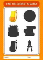 Find the correct shadows game with backpack. worksheet for preschool kids, kids activity sheet vector