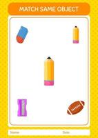 Match with same object game pencil. worksheet for preschool kids, kids activity sheet vector