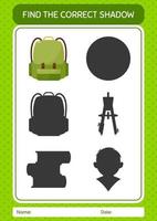 Find the correct shadows game with backpack. worksheet for preschool kids, kids activity sheet vector