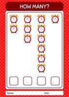 How many counting game with waker clock. worksheet for preschool kids, kids activity sheet vector