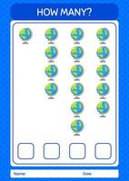 How many counting game with globe. worksheet for preschool kids, kids activity sheet vector