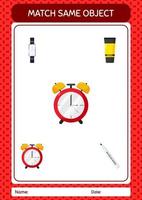 Match with same object game waker clock. worksheet for preschool kids, kids activity sheet vector