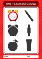 Find the correct shadows game with waker clock. worksheet for preschool kids, kids activity sheet vector