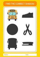 Find the correct shadows game with school bus. worksheet for preschool kids, kids activity sheet vector