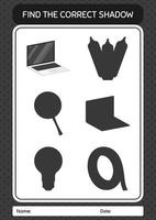 Find the correct shadows game with laptop. worksheet for preschool kids, kids activity sheet vector