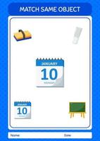 Match with same object game calendar. worksheet for preschool kids, kids activity sheet vector