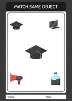 Match with same object game graduation cap. worksheet for preschool kids, kids activity sheet vector