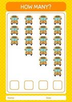 How many counting game with school bus. worksheet for preschool kids, kids activity sheet vector