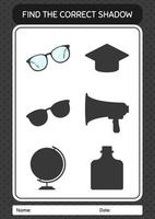 Find the correct shadows game with glasses. worksheet for preschool kids, kids activity sheet vector