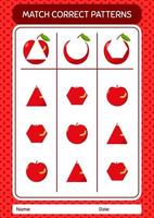 Match pattern game with apple. worksheet for preschool kids, kids activity sheet vector