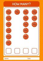 cuántos juegos de conteo con baloncesto. hoja de trabajo para niños en edad preescolar, hoja de actividades para niños vector