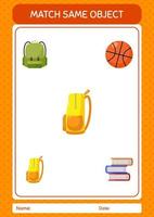 Match with same object game backpack. worksheet for preschool kids, kids activity sheet vector