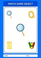 Match with same object game magnifying glass. worksheet for preschool kids, kids activity sheet vector