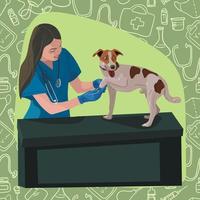 Veterinary design. A veterinarian with a dog. A dog at a vet's appointment. Examination by a veterinarian. Banner, print, flyer, postcard. Vector illustration. Sketch