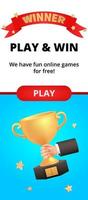 Golden cup 3d red ribbon winner 1st place minimal, gold winners hold in hand. Champion award ceremony concept in cartoon style. Trophy vector banner design template for web. Game or education.